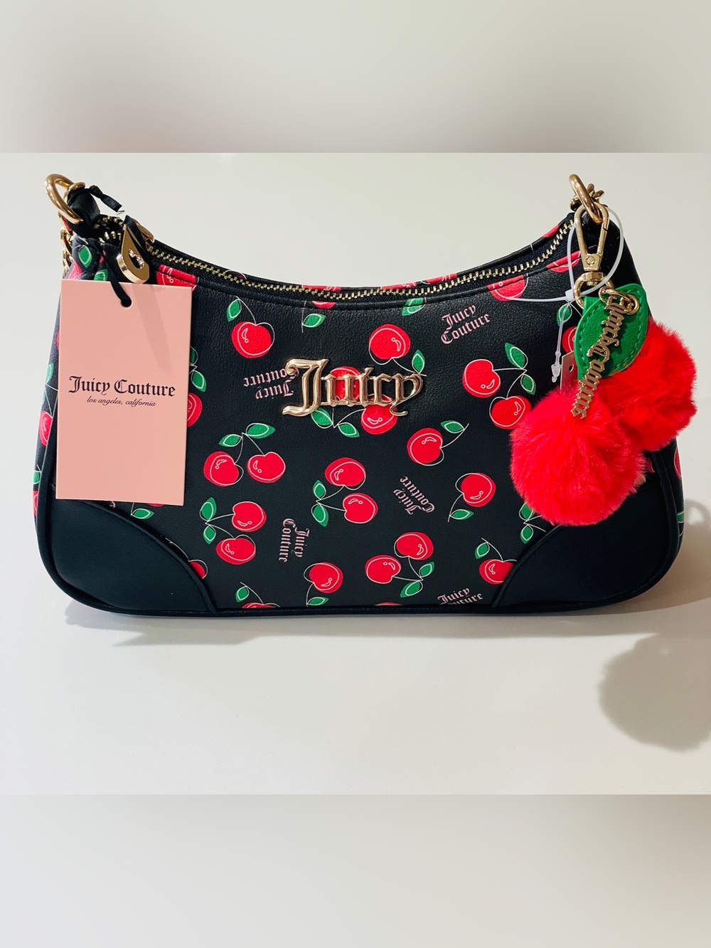Juicy Couture Cherry Girl Black & Red Print Shoulder Bag with Red Pom Charm